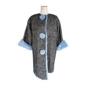 NWT Dolce‎ & Gabbana Tweed Faux Fur Trimmed Coat Light Blue Accent Buttons